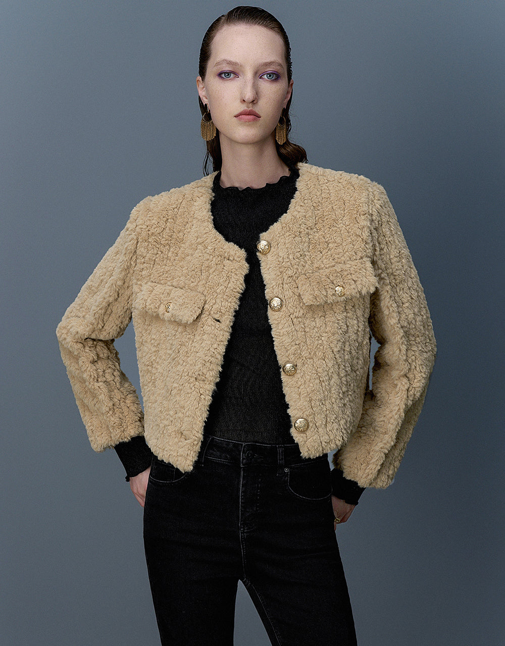Crew Neck Furry Straight Coat - Image 9