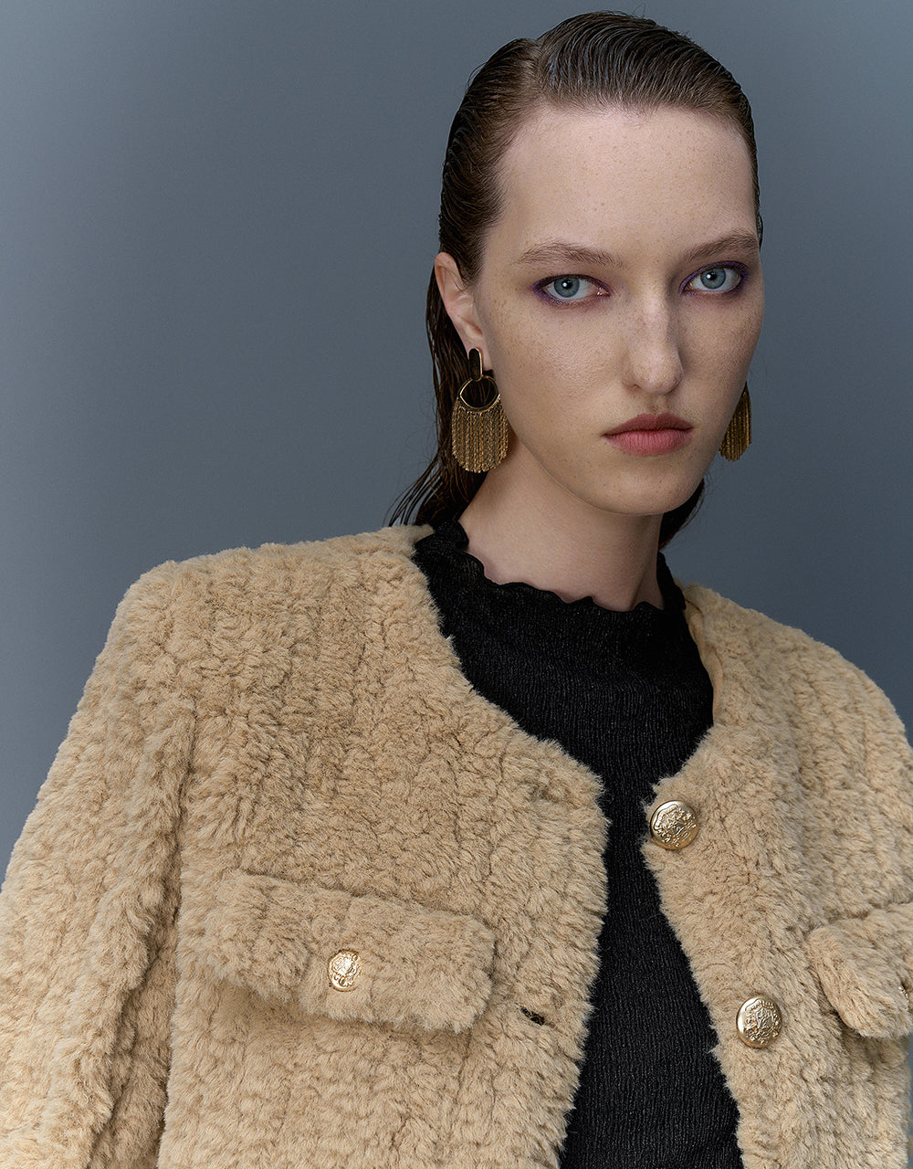 Crew Neck Furry Straight Coat - Image 13