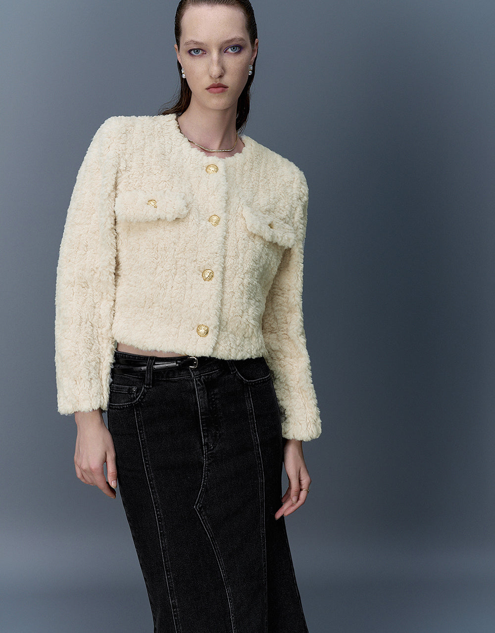 Crew Neck Furry Straight Coat - Image 3