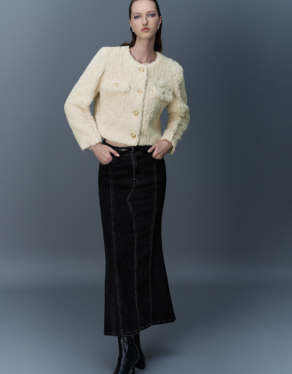 Crew Neck Furry Straight Coat - Image 7