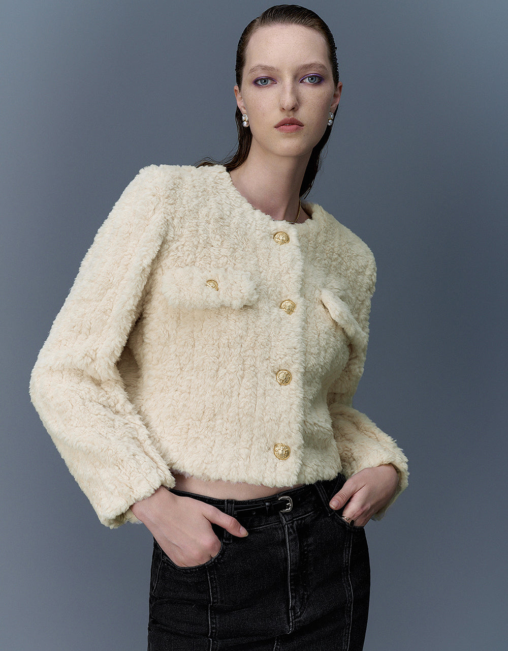 Crew Neck Furry Straight Coat - Image 17