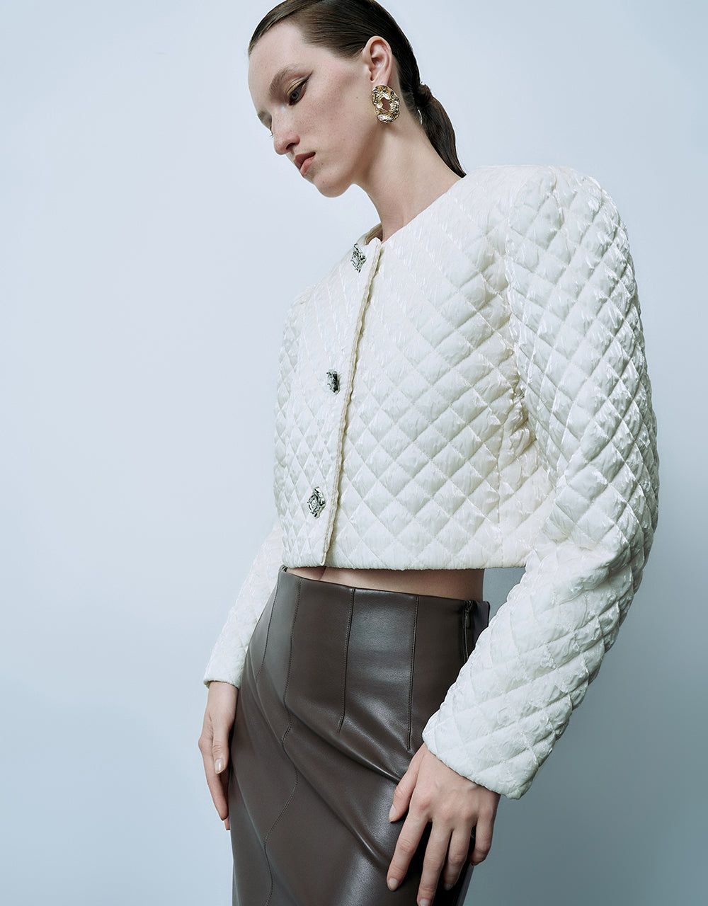 Embossed U Neck Padded Coat - Image 3