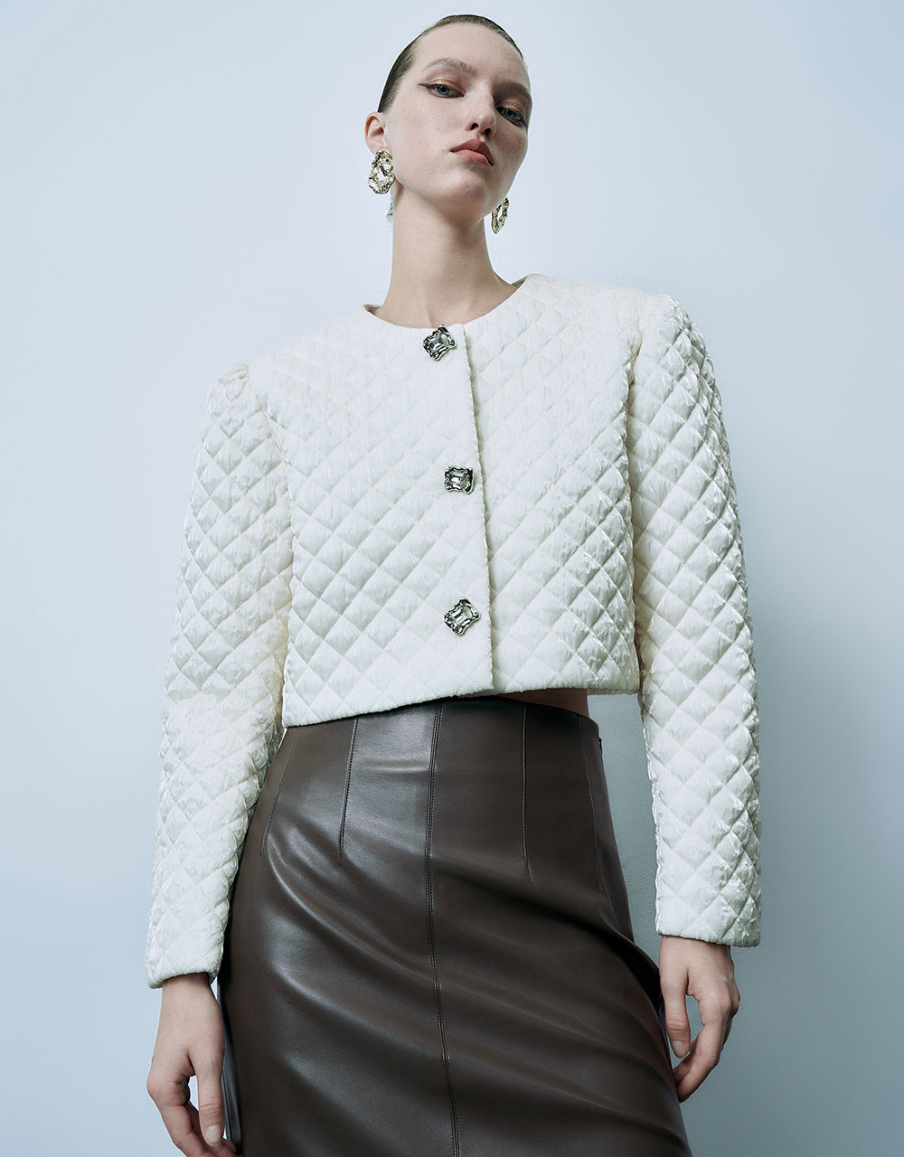 Embossed U Neck Padded Coat - Image 7