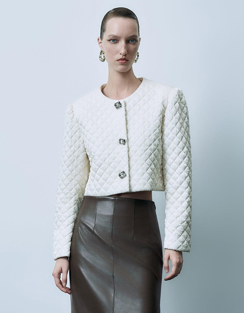 Embossed U Neck Padded Coat - Image 9