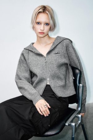 Hooded Zip Up Knitted Cardigans