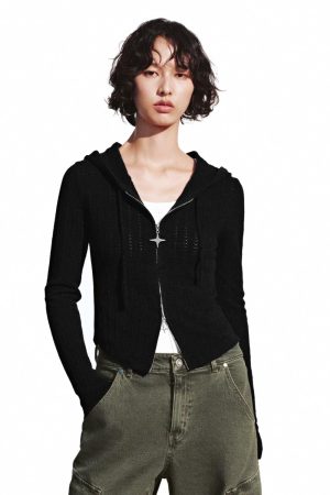 Slim Hooded Zip Up Knitted Cardigans