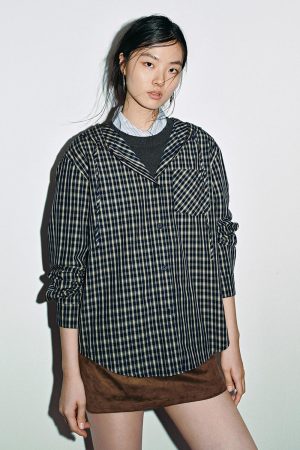 Drawstring Check Hooded Shirts